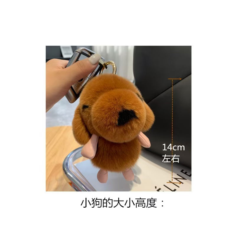 Cute puppy real rex rabbit fur car keychain pendant ins plush doll school bag pendant birthday gift (with a universal hook)
