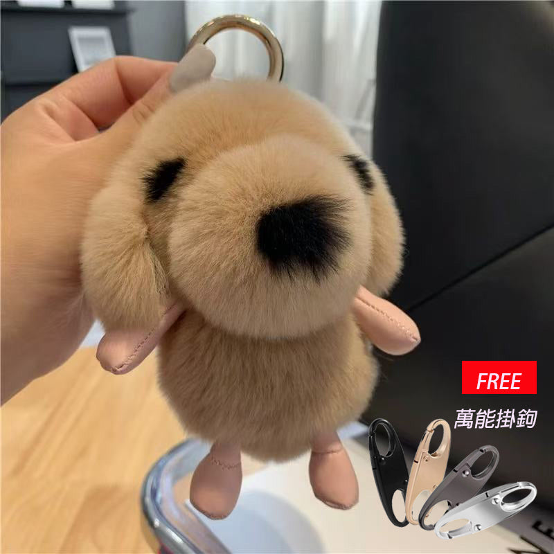 Cute puppy real rex rabbit fur car keychain pendant ins plush doll school bag pendant birthday gift (with a universal hook)