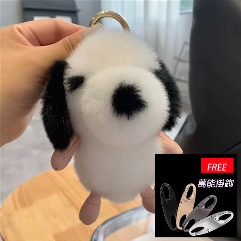 Cute puppy real rex rabbit fur car keychain pendant ins plush doll school bag pendant birthday gift (with a universal hook)
