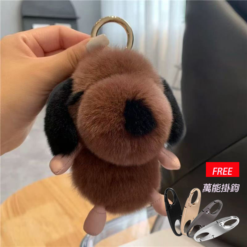 Cute puppy real rex rabbit fur car keychain pendant ins plush doll school bag pendant birthday gift (with a universal hook)