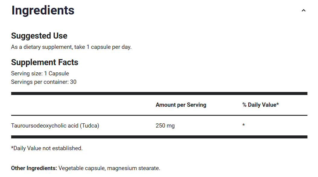 TUDCA - 250 毫克牛磺熊去氧膽酸 - 30 粒素食膠囊(TUDCA - 250 mg of Tauroursodeoxycholic Acid - 30 Vegetable Capsules)