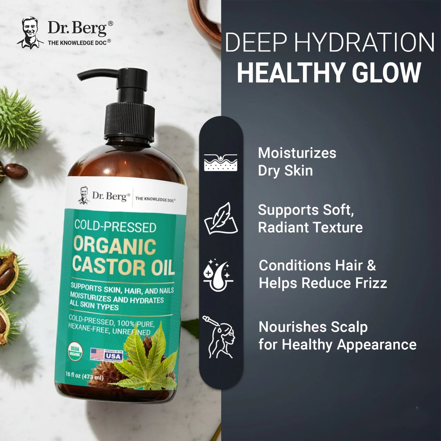Organic Cold-Pressed Pure Castor Oil (Hexane-Free) — Natural Anti-Aging・Intensive Nourishment・Hair Repair (473ml/16oz)/Organic Castor Oil – Cold-Pressed, Pure, Hexane-Free