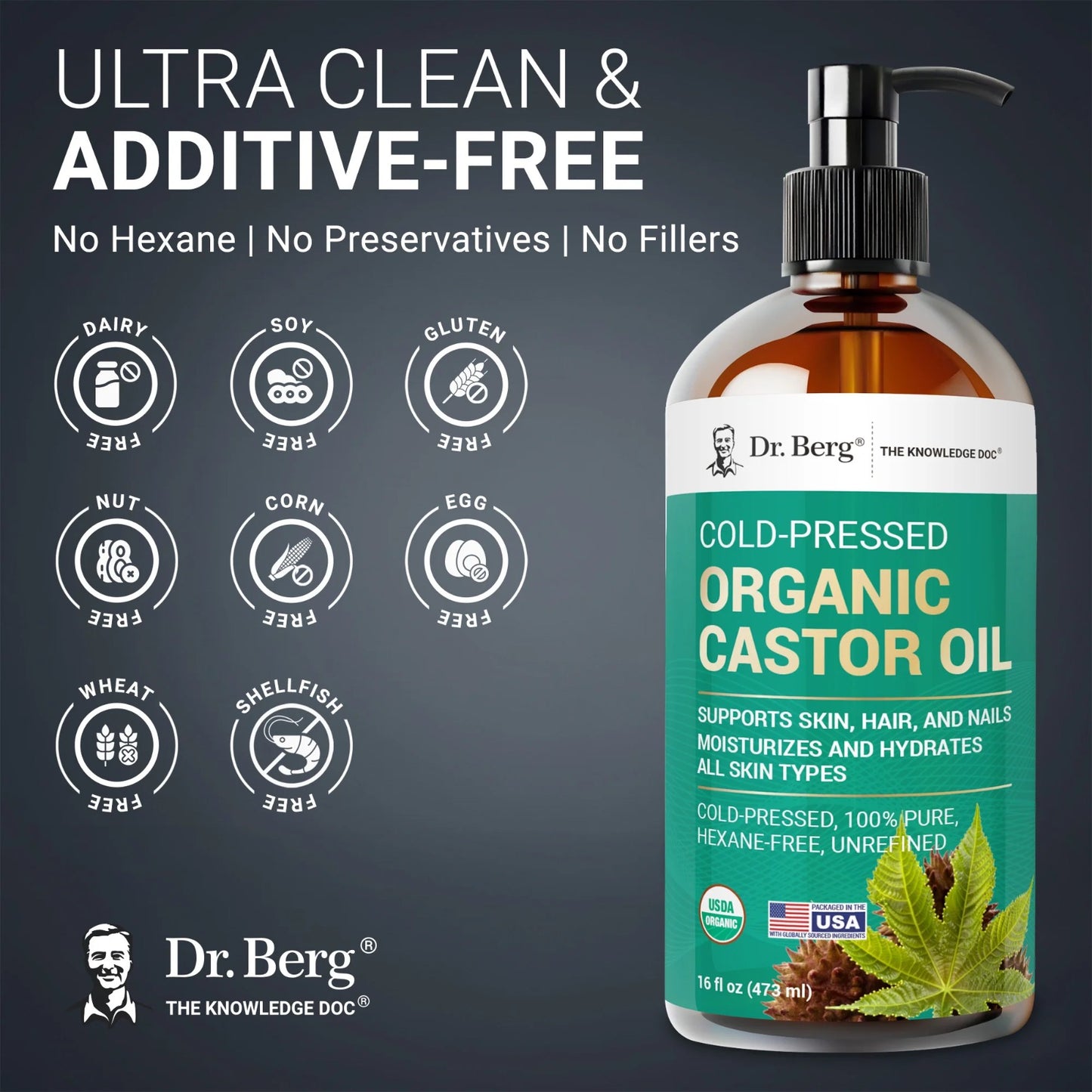 Organic Cold-Pressed Pure Castor Oil (Hexane-Free) — Natural Anti-Aging・Intensive Nourishment・Hair Repair (473ml/16oz)/Organic Castor Oil – Cold-Pressed, Pure, Hexane-Free