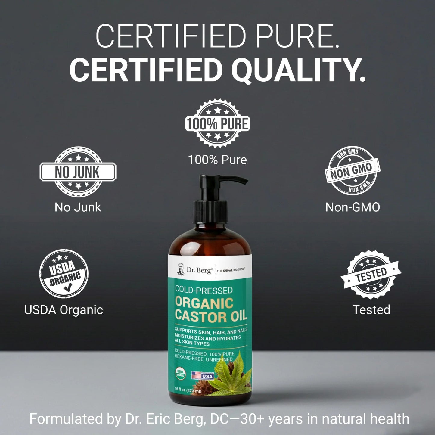 Organic Cold-Pressed Pure Castor Oil (Hexane-Free) — Natural Anti-Aging・Intensive Nourishment・Hair Repair (473ml/16oz)/Organic Castor Oil – Cold-Pressed, Pure, Hexane-Free