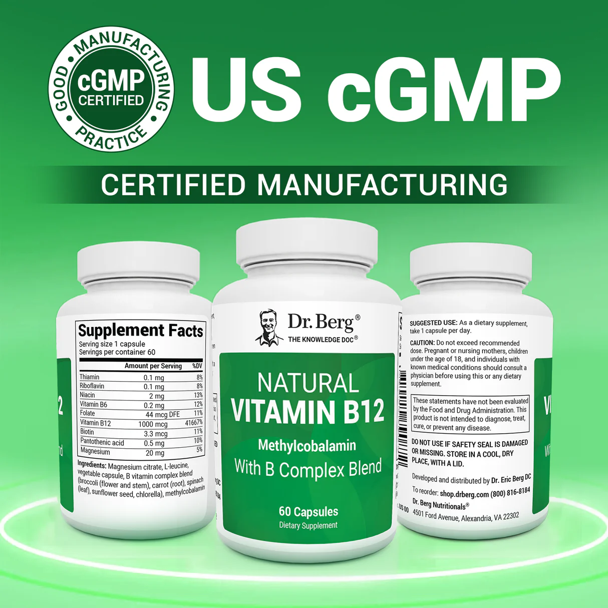 天然維生素 B12 - 1000 微克甲鈷胺素 - 含 B 複合物和鎂 - 60 粒膠囊