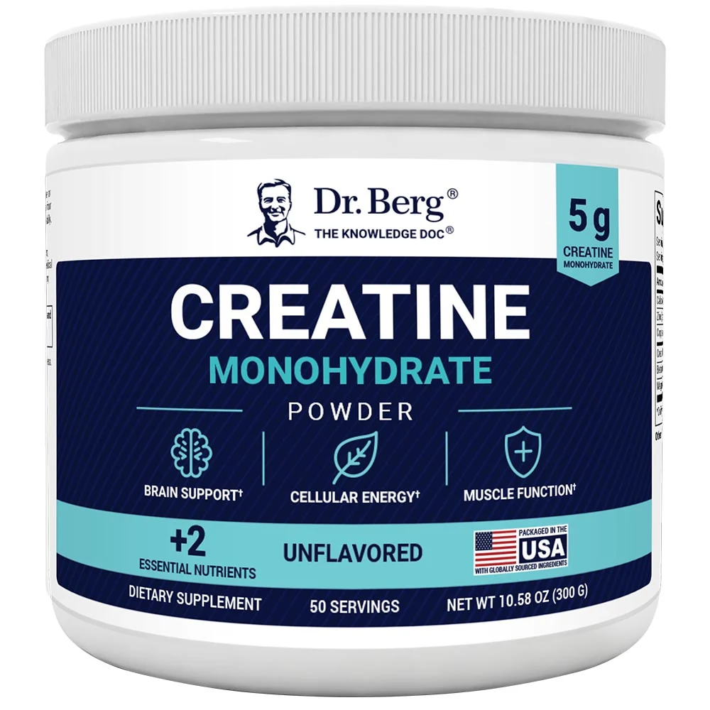 Dr. Berg 肌酸一水合物粉末（Creatine Monohydrate Powder）產品罐特寫，白色瓶身搭配藍色標籤，標示含有 5 克肌酸、無調味（Unflavored）、50 份裝，並印有大腦支援、細胞能量與肌肉功能圖示。
