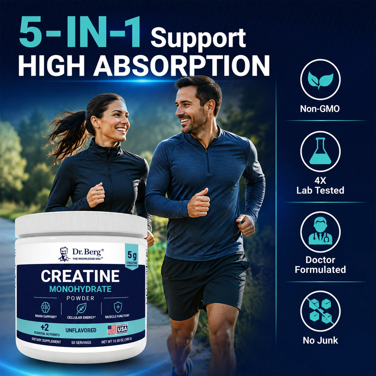 Product container close-up of Dr. Berg Creatine Monohydrate Powder, featuring a white jar with a blue label indicating 5g creatine, unflavored, 50 servings, along with icons for brain support, cellular energy, and muscle function.