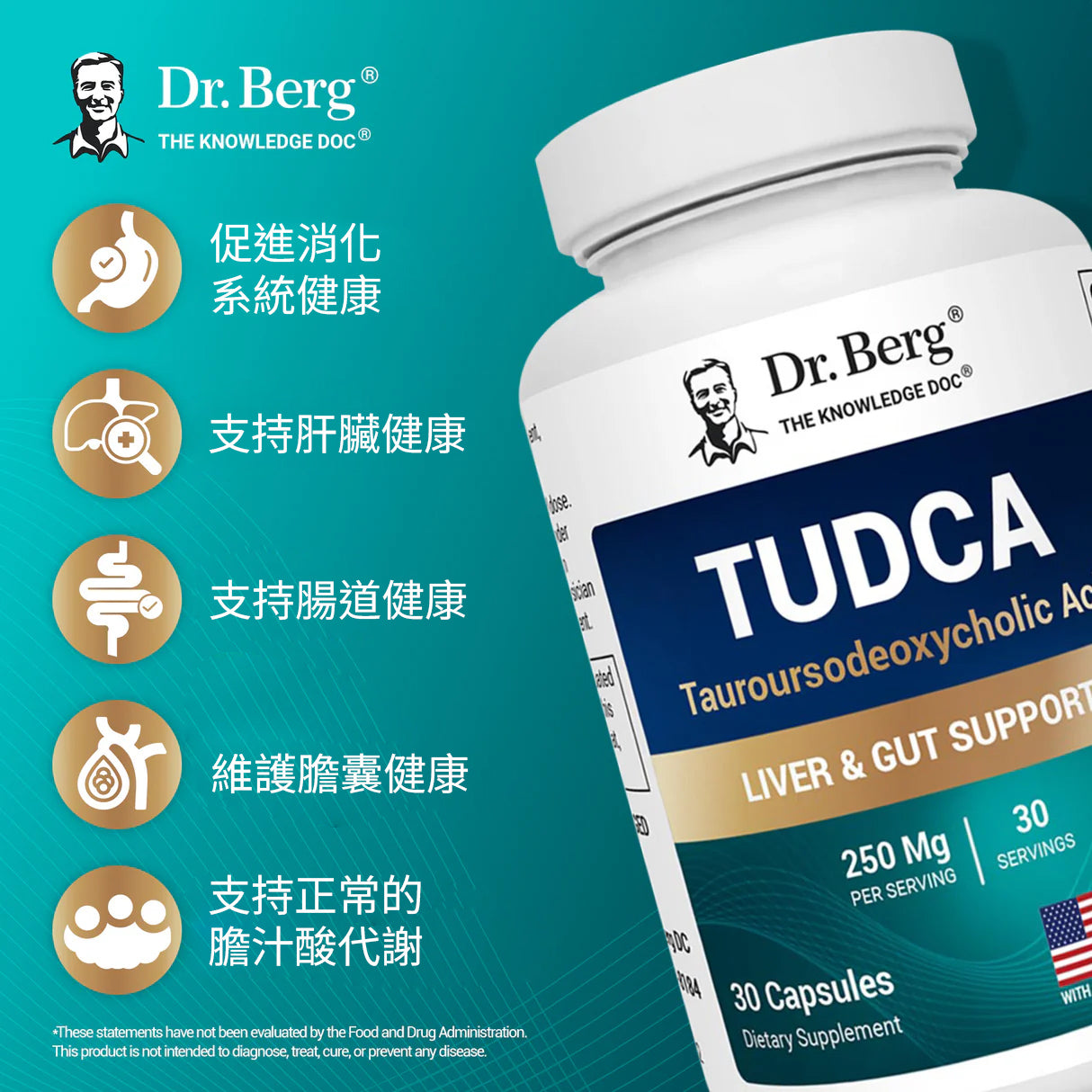 TUDCA - 250 毫克牛磺熊去氧膽酸 - 30 粒素食膠囊(TUDCA - 250 mg of Tauroursodeoxycholic Acid - 30 Vegetable Capsules)