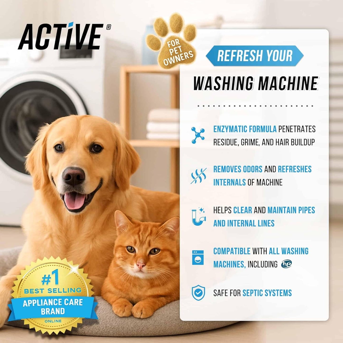 【ACTIVE】Pet Washing Machine Cleaner 🐾 Bio-Enzyme Deep Descaling Tablets (24 tablets/1-year supply)｜Powerful Hair Removal・Urine Odor Decomposition・Mold and Mildew Removal・Septic Tank Safe