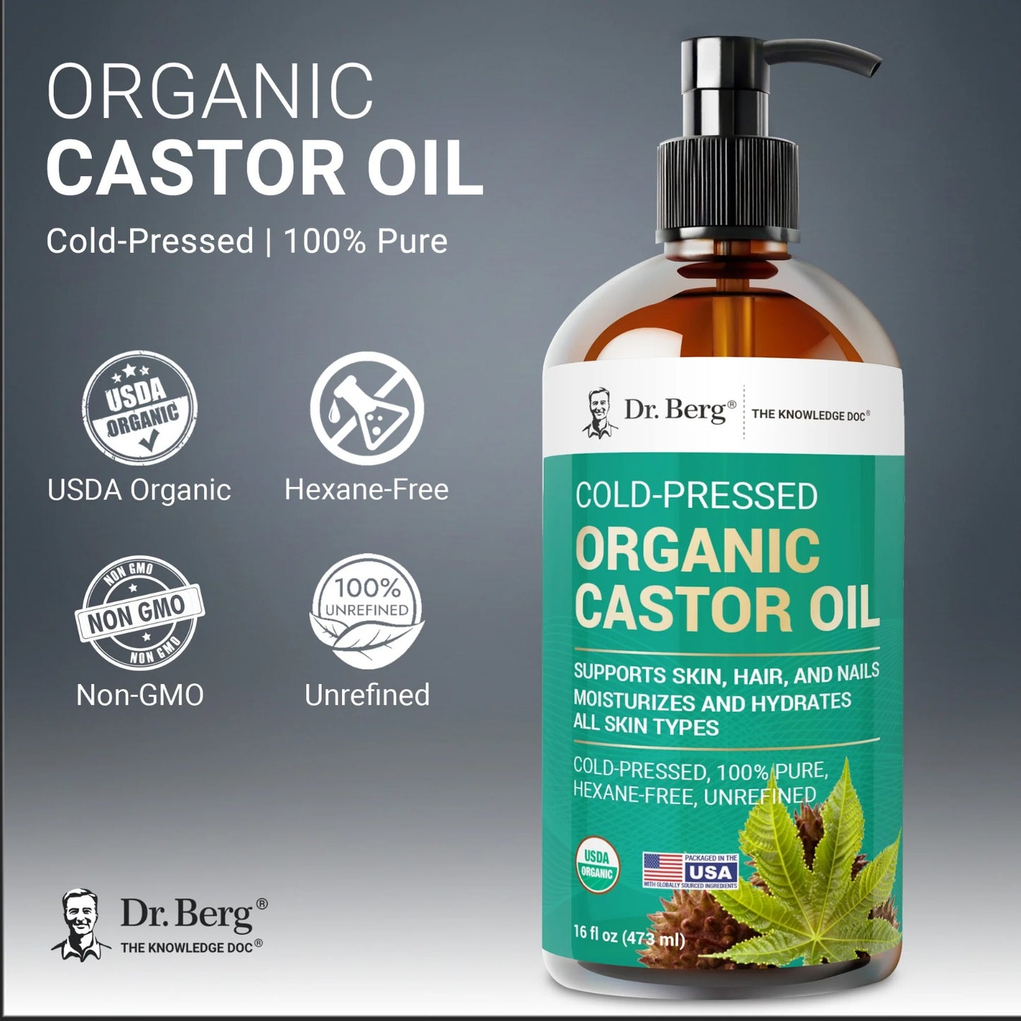 Organic Cold-Pressed Pure Castor Oil (Hexane-Free) — Natural Anti-Aging・Intensive Nourishment・Hair Repair (473ml/16oz)/Organic Castor Oil – Cold-Pressed, Pure, Hexane-Free