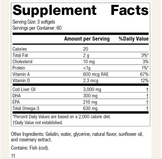 (預訂PRE-ORDER)Cod Liver Oil, 180 Softgels鱼肝油， 180 软胶囊