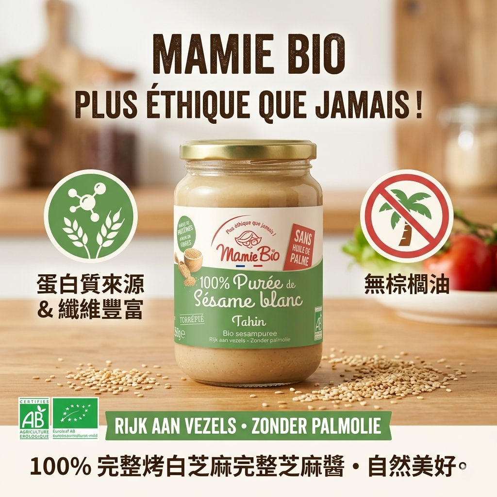 【Mamie Bio】法國有機純芝麻醬 (Tahini) 系列 - 100% 天然純粹，無添加健康首選品味法式有機美學，為您的餐桌增添純淨香氣！