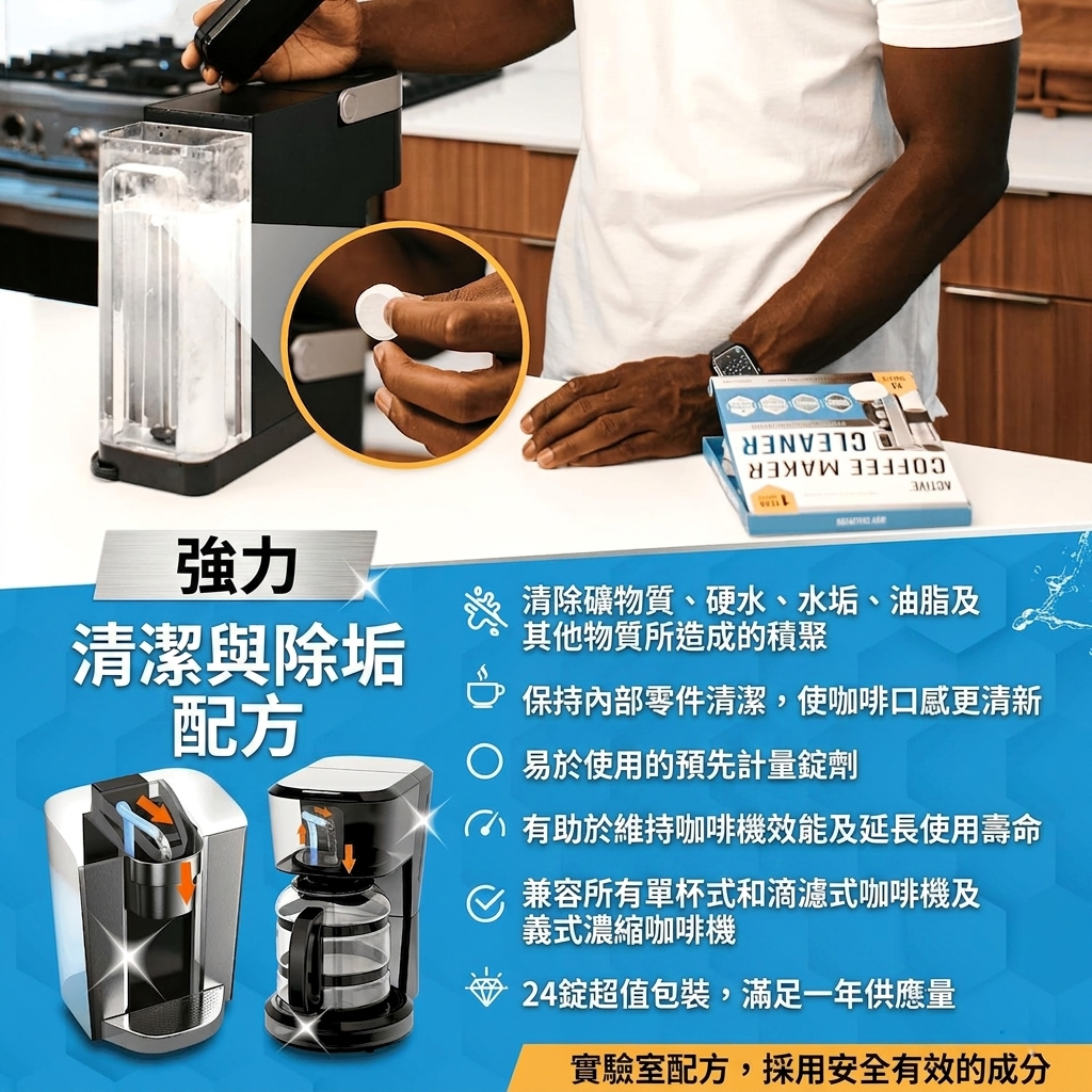 咖啡機全效清潔除垢片 (24片裝) | 支援 Nespresso、Keurig、Ninja、Delonghi、Miele、咖啡壺除垢與清潔片、去垢滴漏咖啡及義式咖啡機